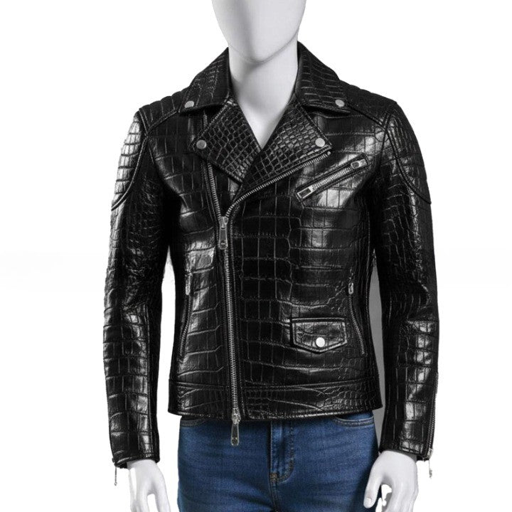 Luxury Black Crocodile Pattern Leather Jacket for Men Genuine Leather Biker Motorcycle Jackets