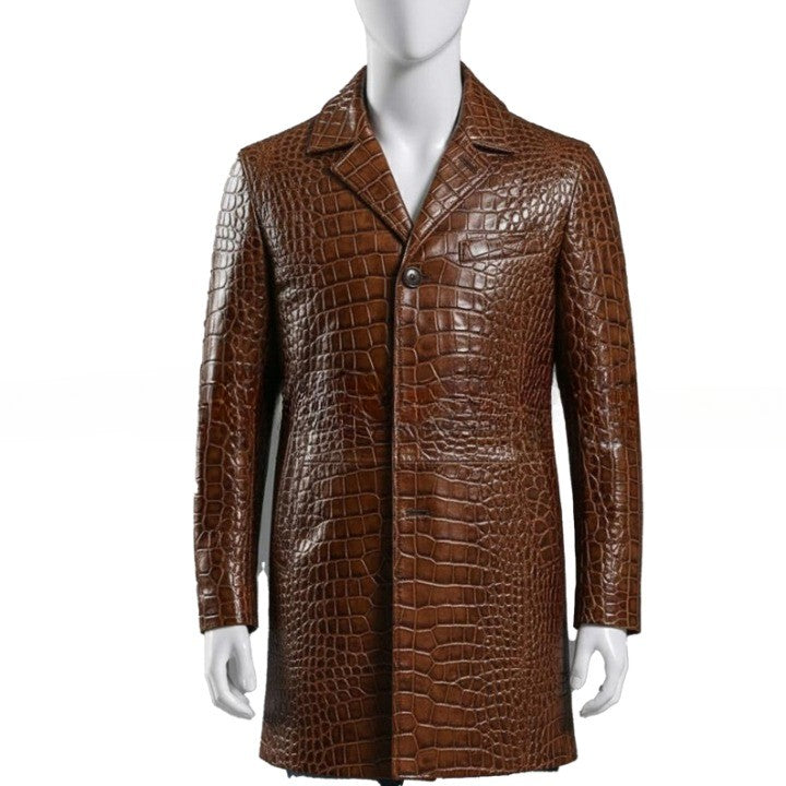 Mens Brown Croc Embossed Coat  Genuine Leather Button Front Jacket  Handmade Long Leather Outerwear