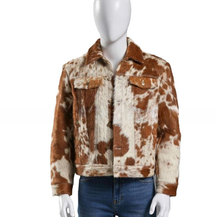 Mens Hair On Cowhide Trucker Jacket  Rust Brown  Ivory Western Outerwear