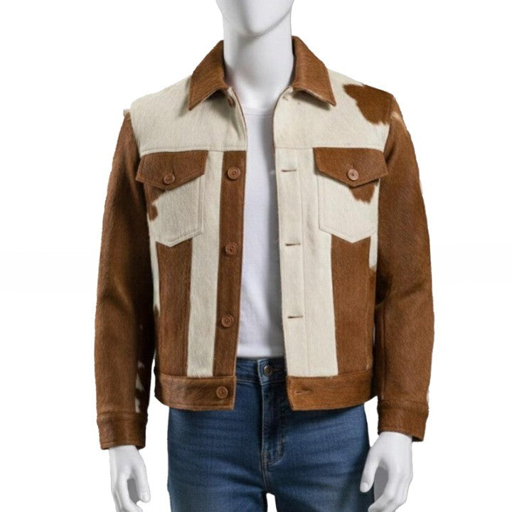 Mens Brown  Cream Cowhide Style Leather Jacket  Handmade Patchwork Western Jacket