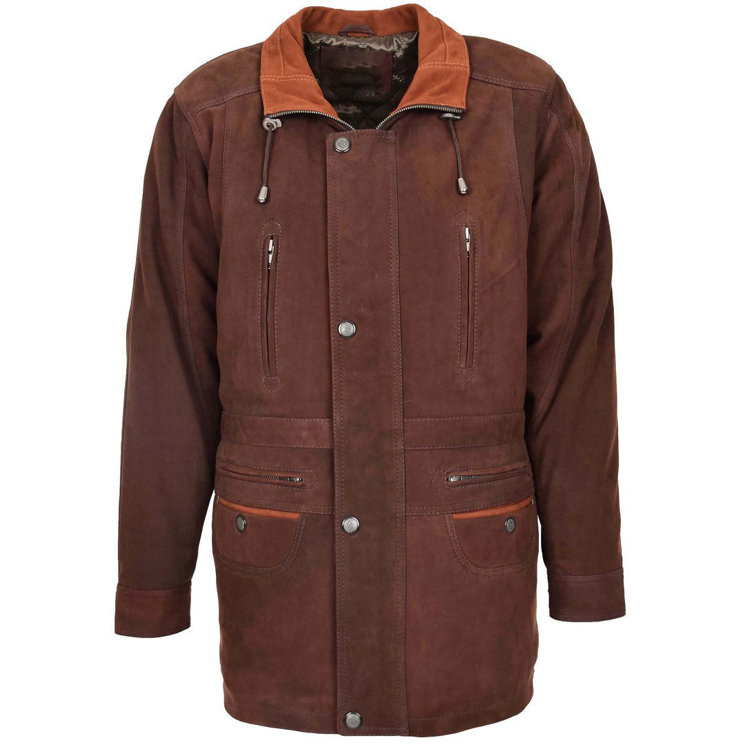Mens Leather Winter Car Coat Hip Length Jason Brown Nubuck