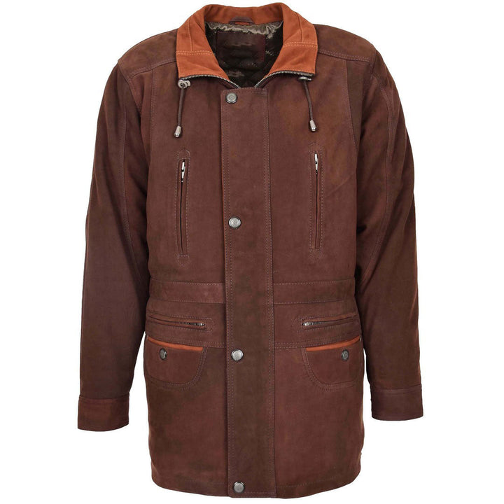 Mens Leather Winter Car Coat Hip Length Jason Brown Nubuck