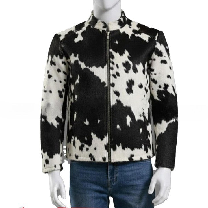 Mens Hair On Cowhide Leather Jacket  Black  White Trucker Style