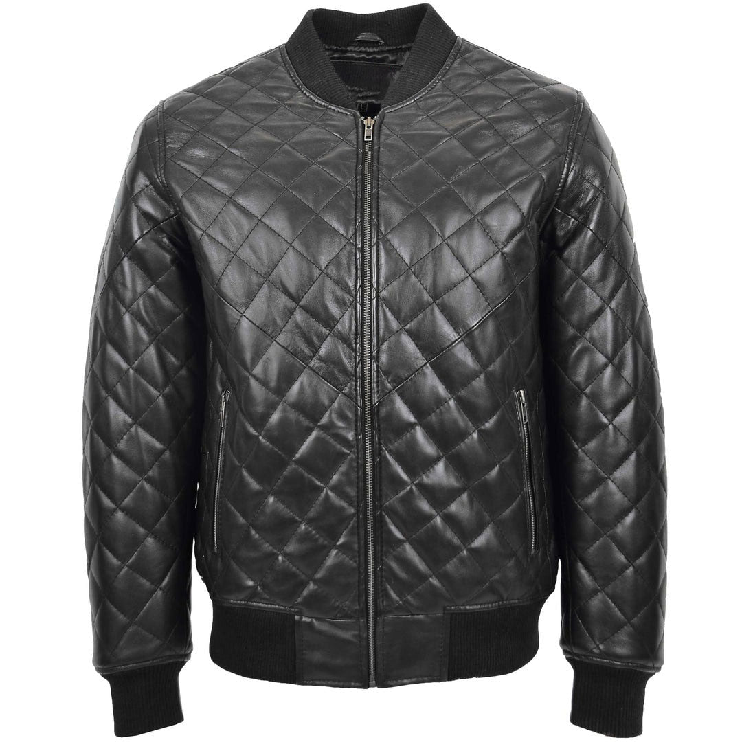 Mens Leather Quilted Bomber Jacket Warren Black