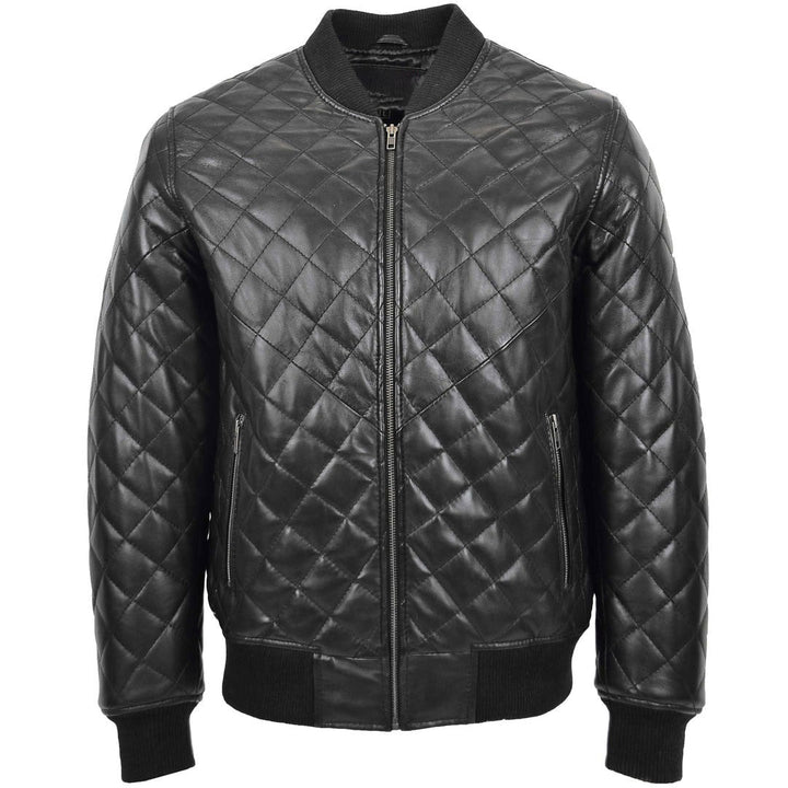 Mens Leather Quilted Bomber Jacket Warren Black