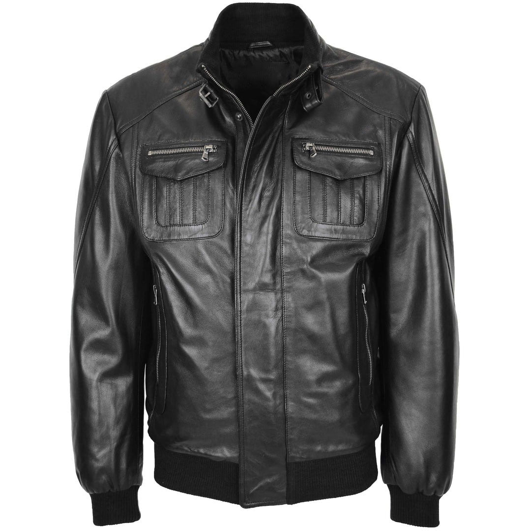 Mens Leather Bomber Flight Jacket Tom Black
