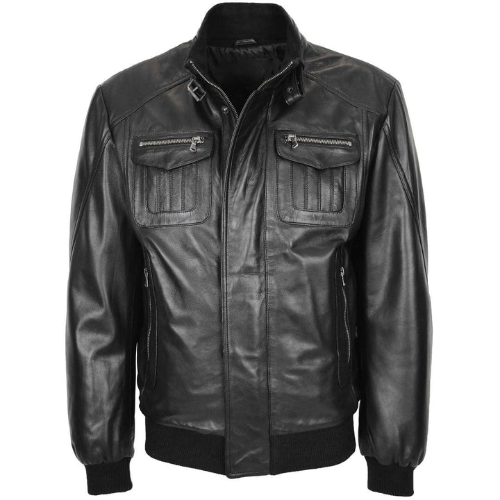Mens Leather Bomber Flight Jacket Tom Black