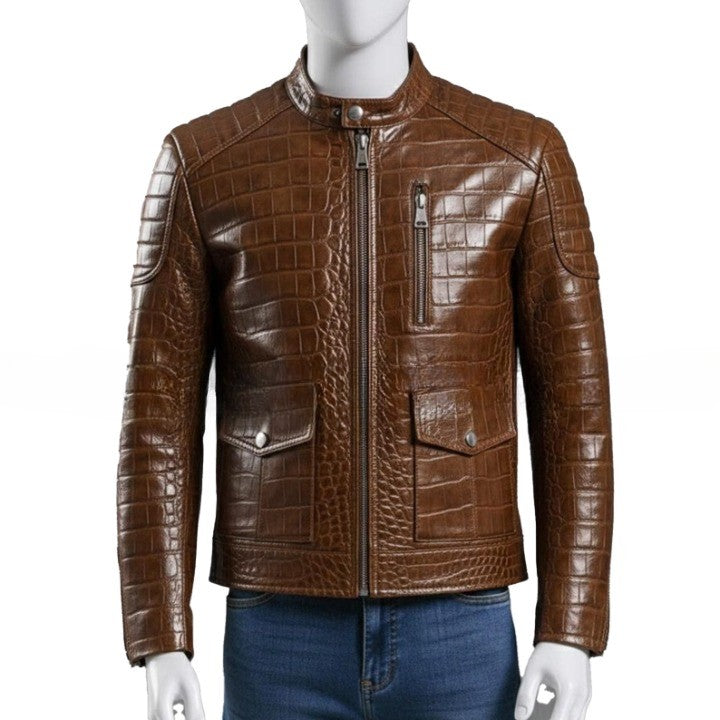 Mens Brown Croc Embossed Leather Jacket  Slim Fit Stand Collar