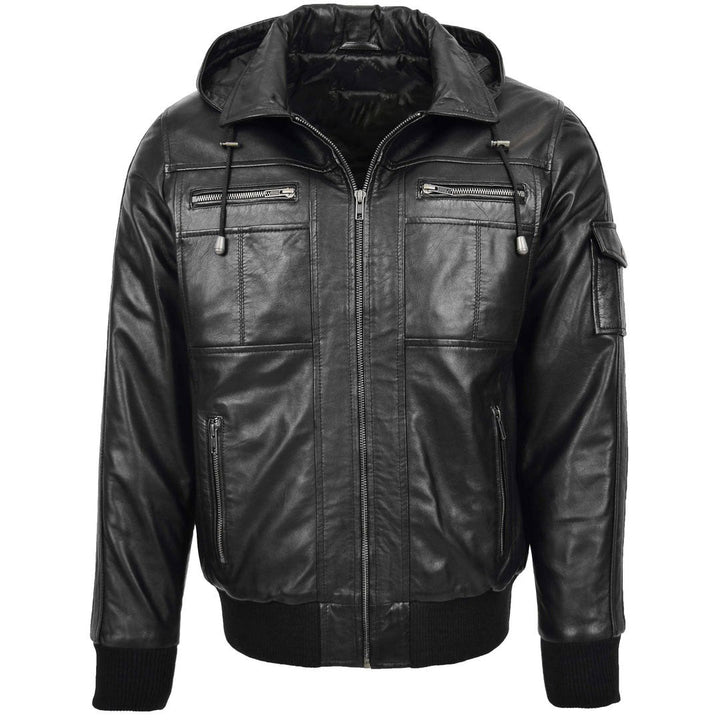 Mens Leather Bomber Jacket with Hoodie Bronx Black