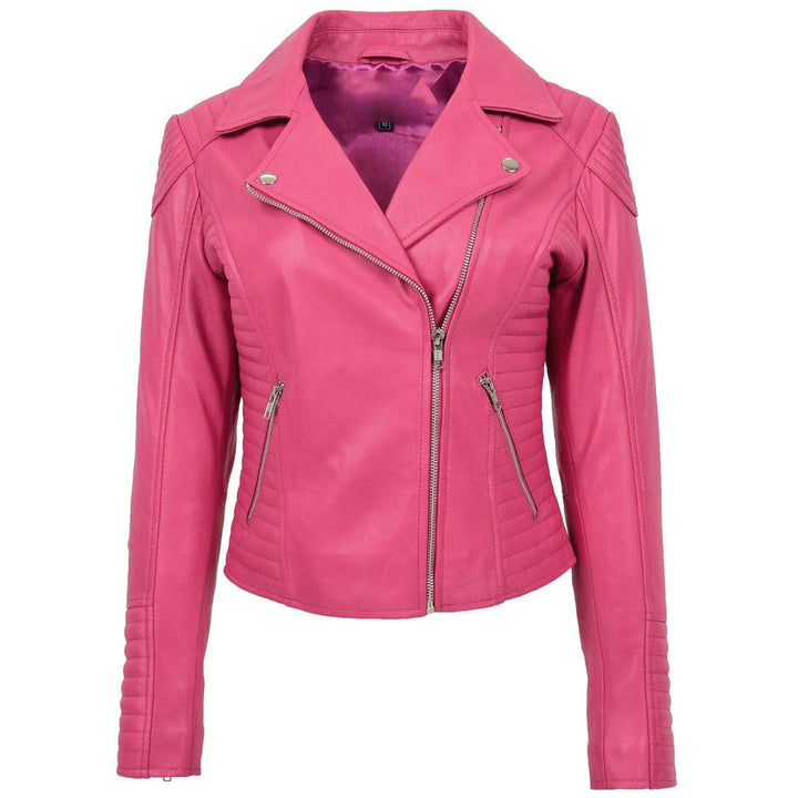 Womens Soft Leather Cross Zip Biker Jacket Anna Pink