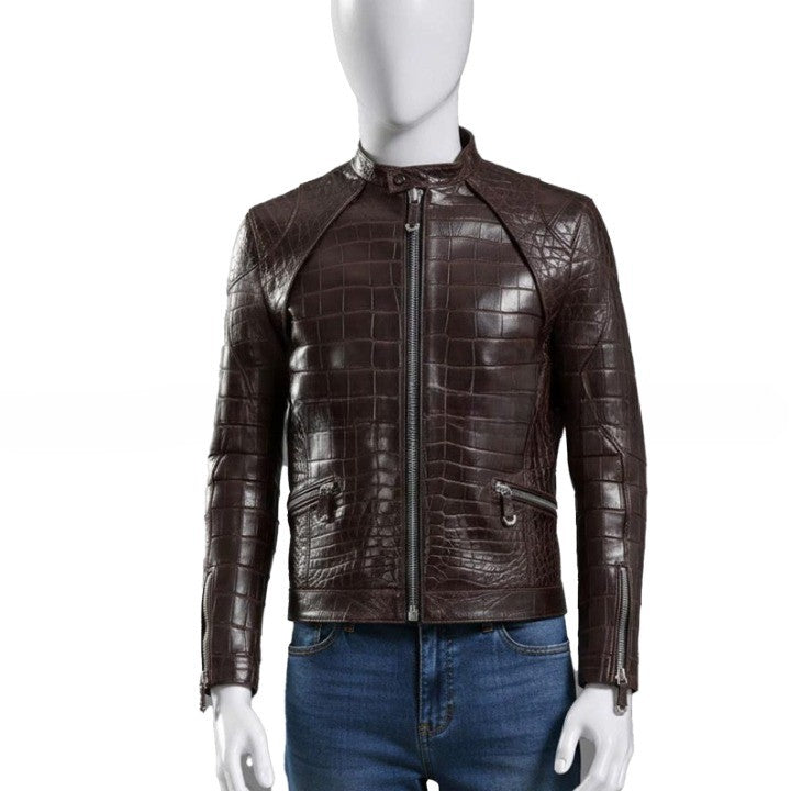 Textured Brown Leather Biker Jacket Croc Pattern Finish