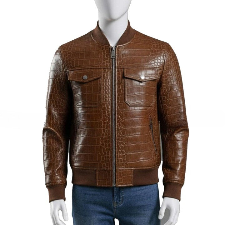 Mens Brown Croc Embossed Genuine Leather Bomber Jacket