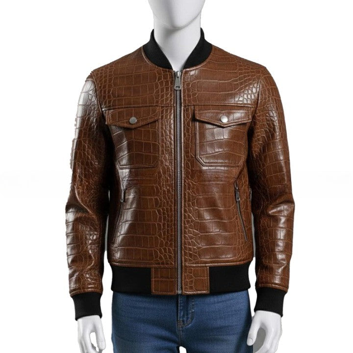 Mens Crocodile Embossed Leather Bomber Jacket  Genuine Leather Aviator Coat