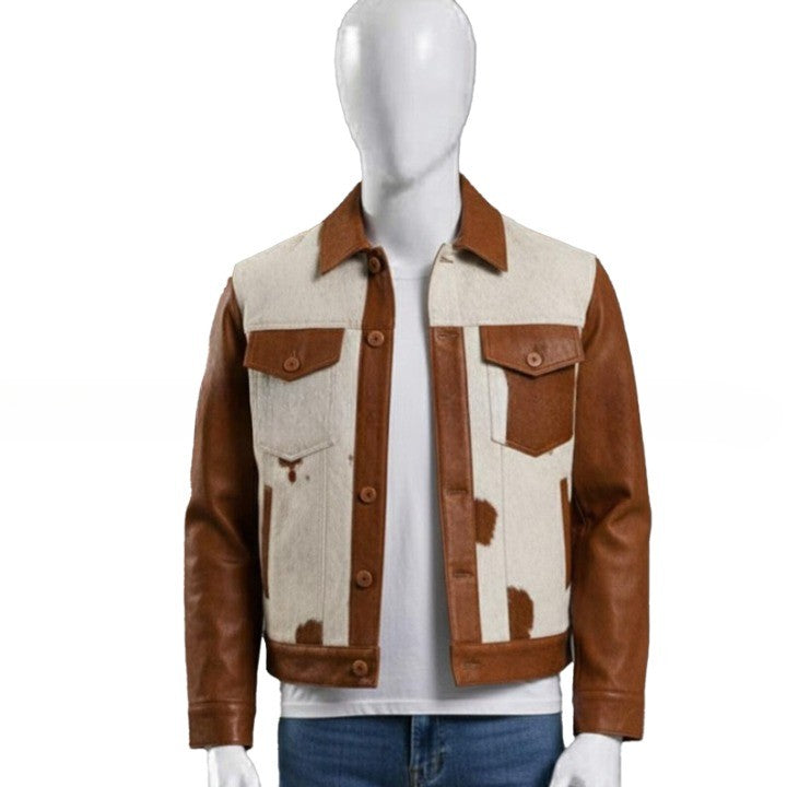 Mens Hair On Cowhide Leather Trucker Jackett  Western Style