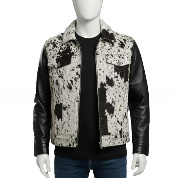 Mens Black and White Textured Leather Jacket with Modern Panel Design and Button Front