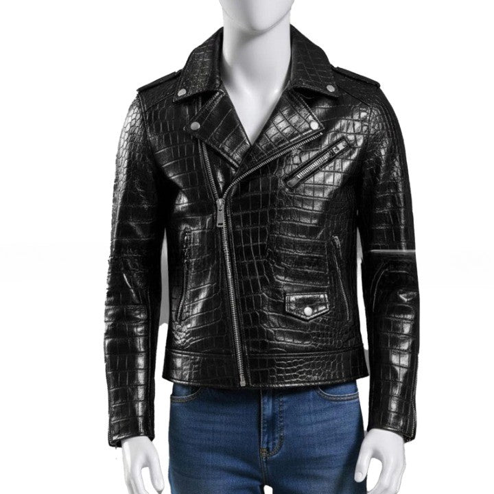 Mens Black Crocodile Embossed Leather Biker Jacket  Genuine Leather Motorcycle Moto Jackets Handmade
