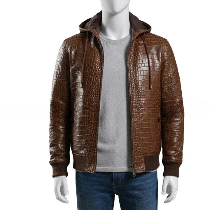 Mens Brown Croc Embossed Genuine Leather Hoodie  Biker Jacket
