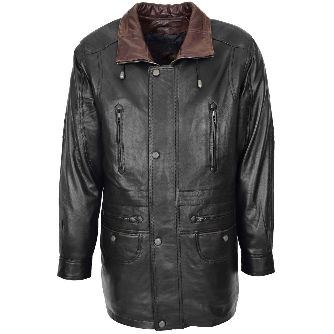 Mens Leather Winter Car Coat Hip Length Jason Black Brown Trim