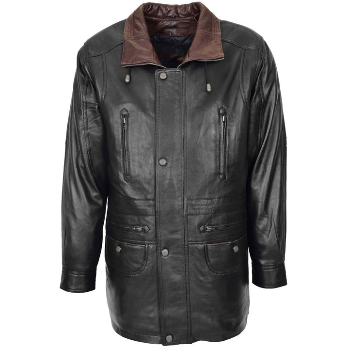Mens Leather Winter Car Coat Hip Length Jason Black Brown Trim