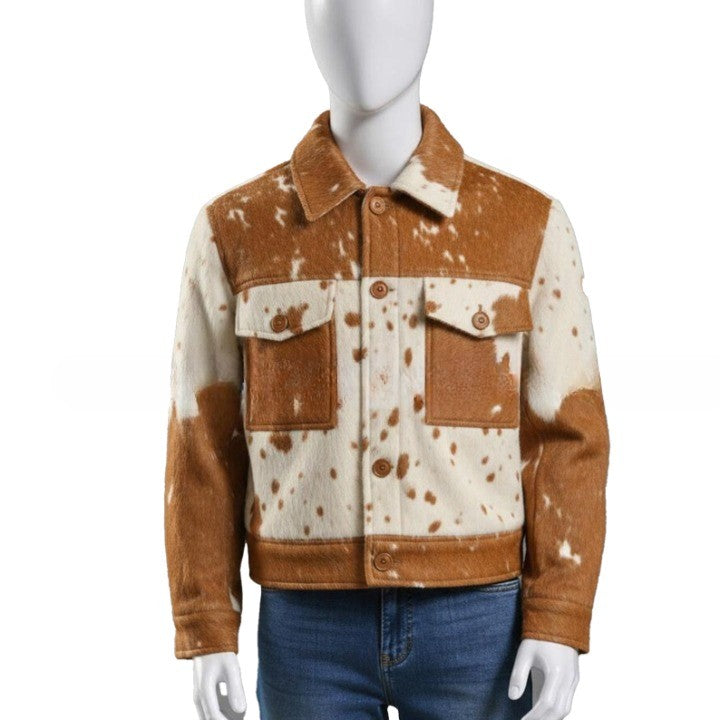 Mens Hair On Cowhide Trucker Jacket  Western Style Leather Coat