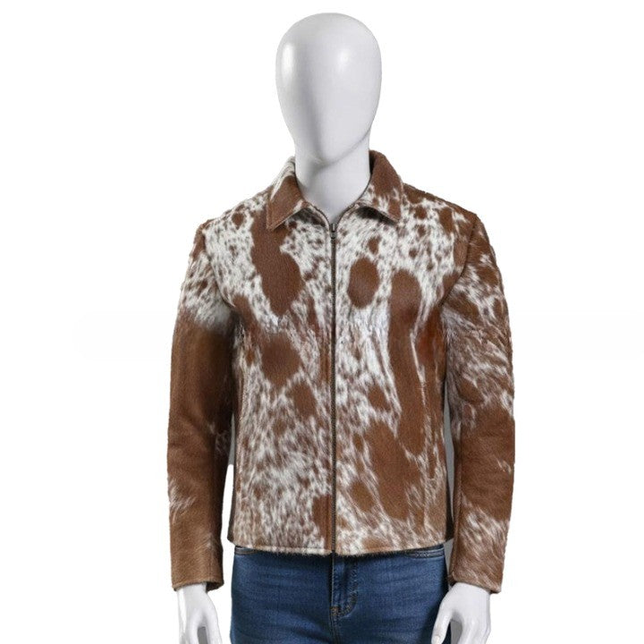 Mens Mocha Brown Zip Leather Jacket with All Over Marbled Texture  Sleek Everyday Casual Wear