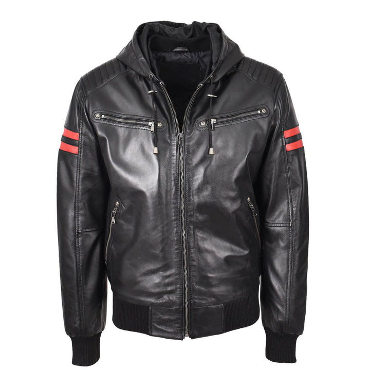 Mens Real Leather Bomber Zip Jacket Hooded Remmy Black