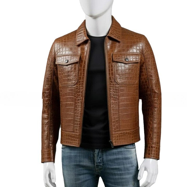 Mens Brown Croc Embossed Genuine Leather Trucker Jacket