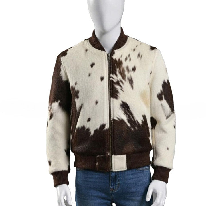 Mens Cream and Brown Zip Bomber Leather Jacket with Ribbed Trim  Casual Urban Outerwear
