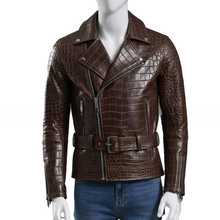 Embossed Brown Leather Moto Jacket  Asymmetrical Zip Belted Waist