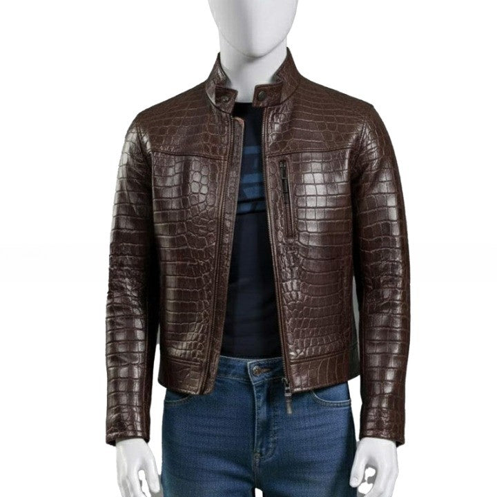 Mens Croc Embossed Genuine Leather Jacket  Slim Fit Stand Collar