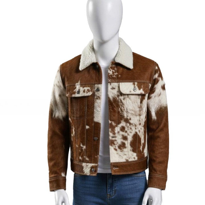 Mens Brown and Cream Shearling Collar Leather Jacket with Patterned Panels  Winter Casual Outerwear