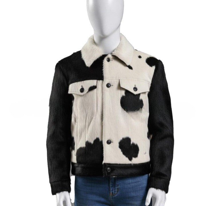 Mens Black and Ivory Panel Leather Jacket with Soft Collar  Contemporary Everyday Outerwear