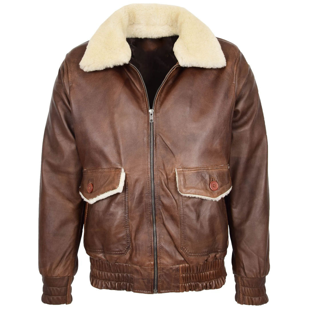 Mens Leather Bomber Jacket G-1 Aviator Style Cooper Brown