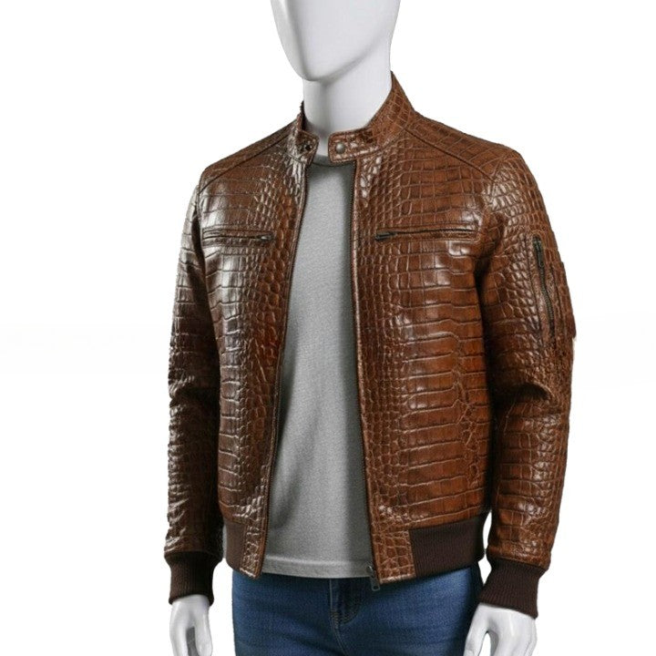 Mens Brown Textured Leather Jacket  Handmade Zip Up Coat