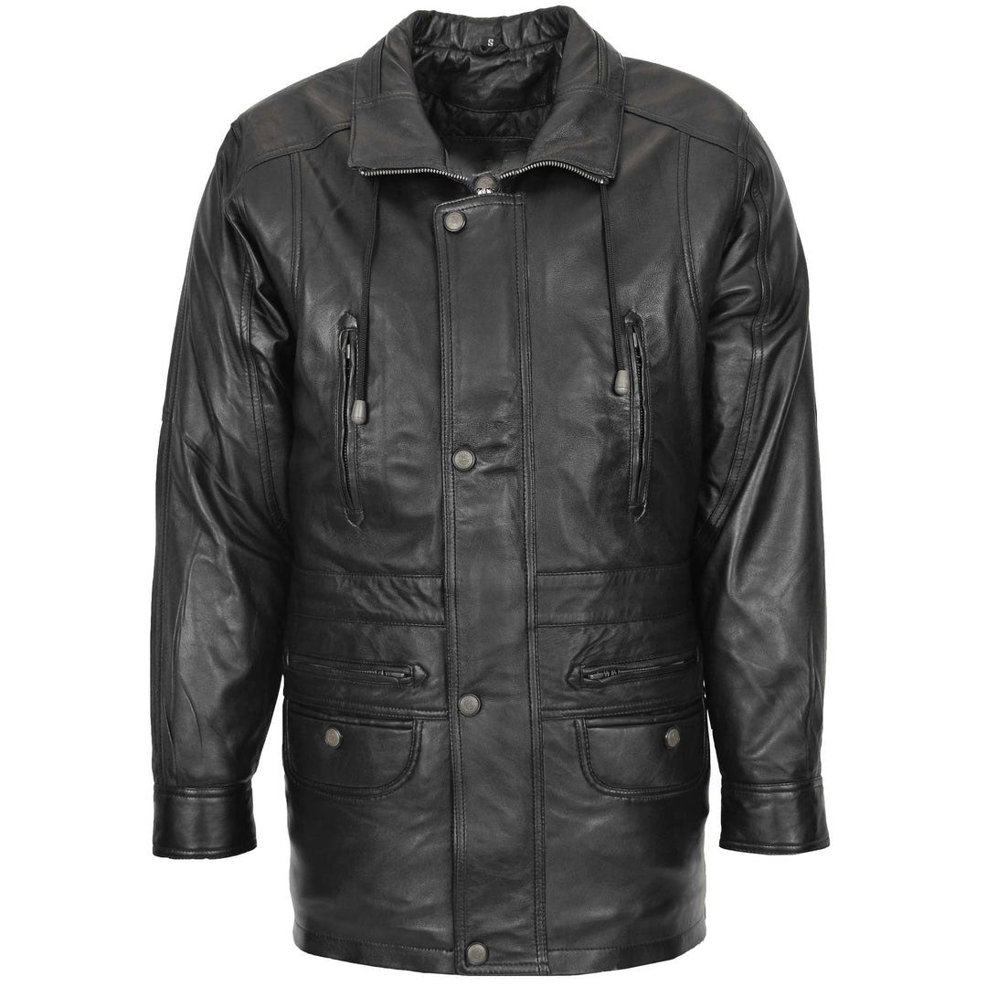 Mens Leather Winter Car Coat Hip Length Jason Black