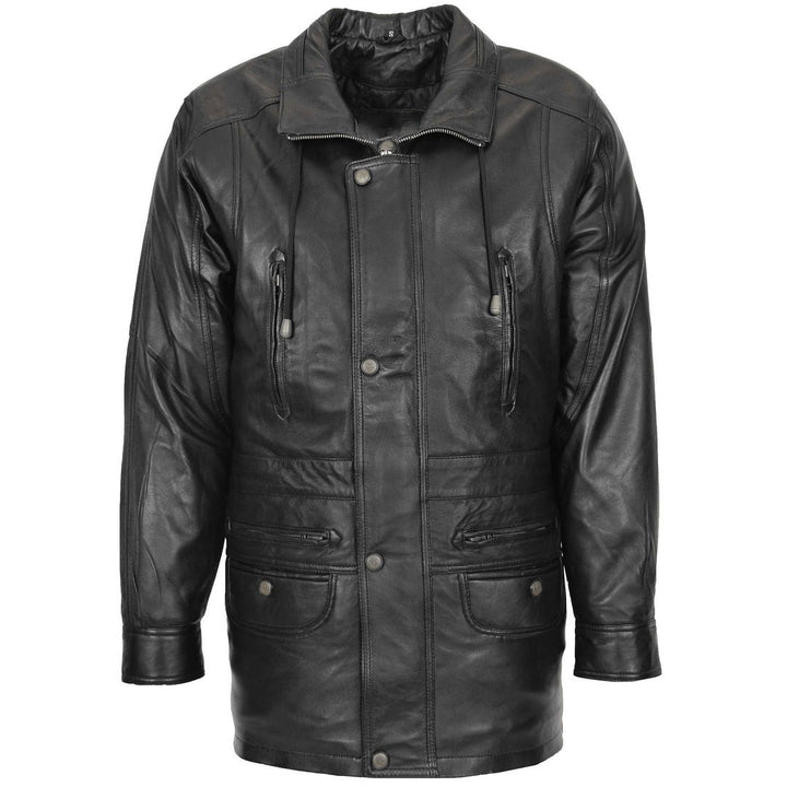 Mens Leather Winter Car Coat Hip Length Jason Black