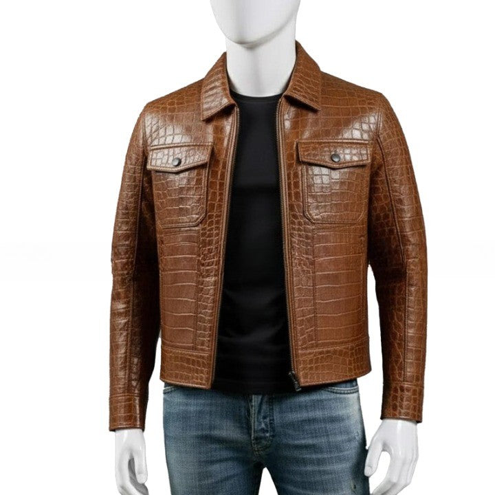 Mens Brown Crocodile Embossed Genuine Leather Jacket