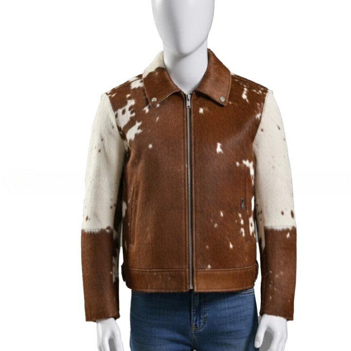 Mens Chestnut Brown Zip Leather Jacket with Speckled Contrast Panels   Refined Casual Outerwear