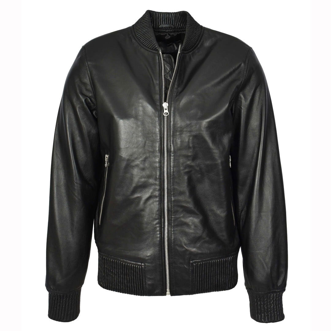 Mens Real Soft Leather Bomber Jacket MA-1 Varsity Style Torque Black