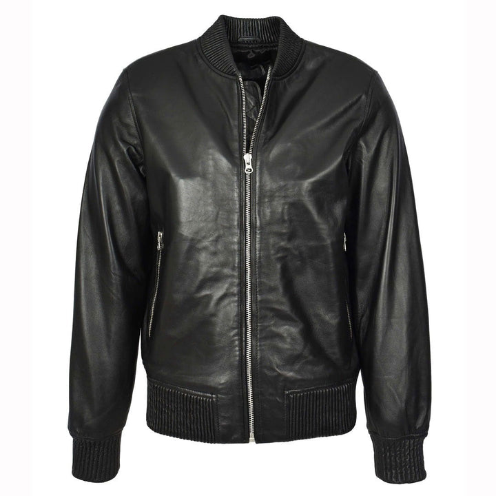 Mens Real Soft Leather Bomber Jacket MA-1 Varsity Style Torque Black