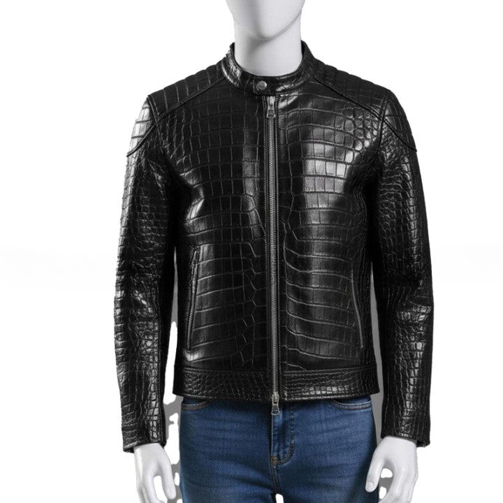 Mens Black Crocodile Embossed Leather Jacket  Genuine Leather Biker Style Handmade Jackets