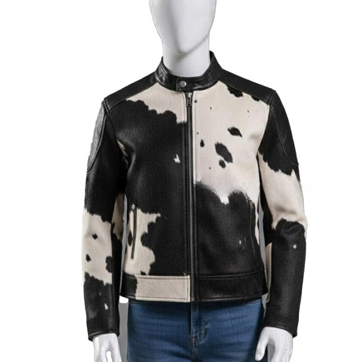 Mens Black and White Abstract Pattern Leather Jacket with Button Front  Contemporary Casual Outerwear