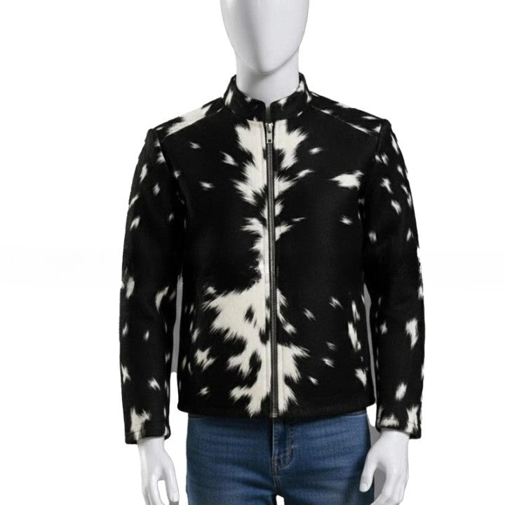 Mens Black and White Pattern Leather Jacket with Front Zip  Modern Minimalist Casual Outerwear