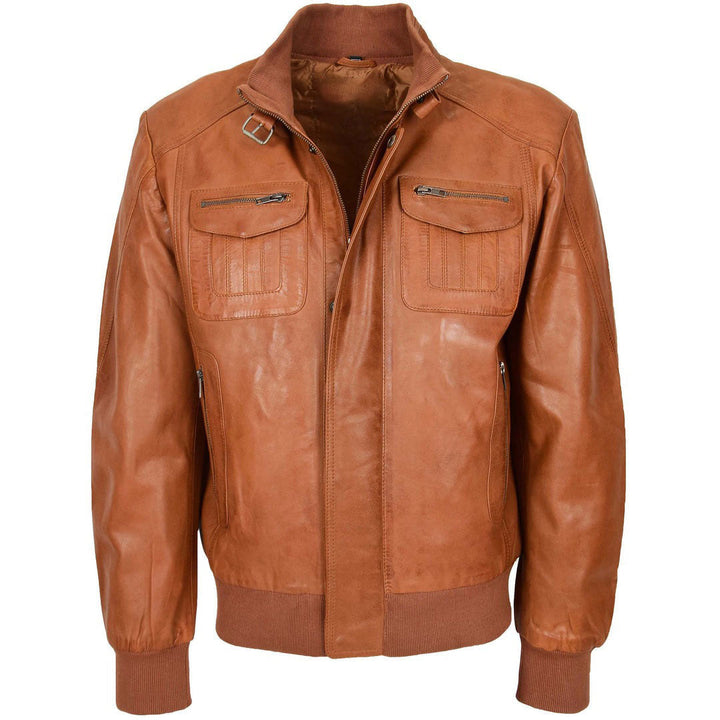 Mens Leather Bomber Flight Jacket Tom Tan