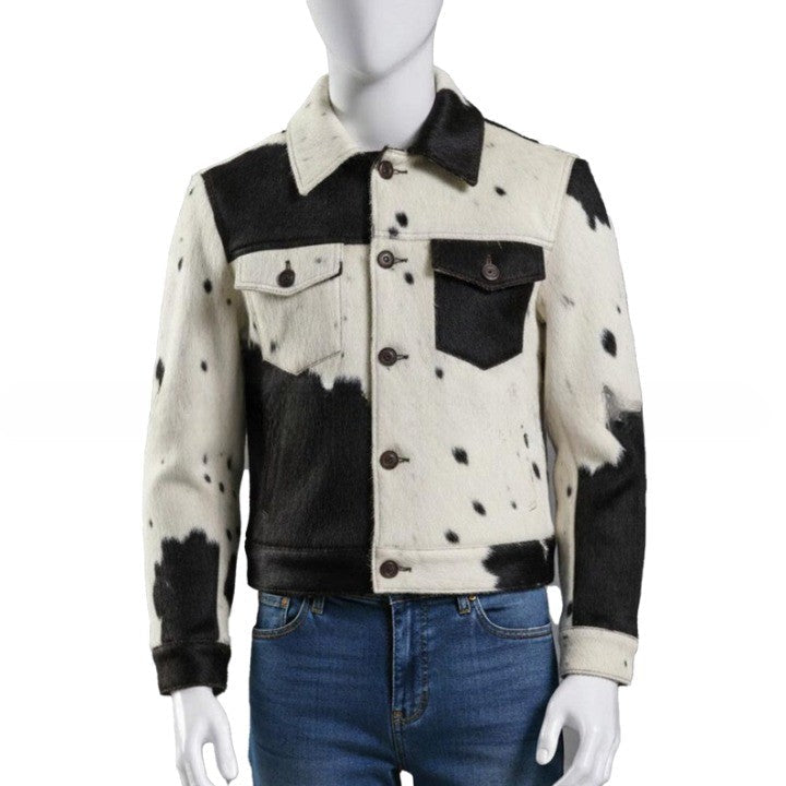 Mens Hair On Cowhide Trucker Jacket  Black  White Western Style