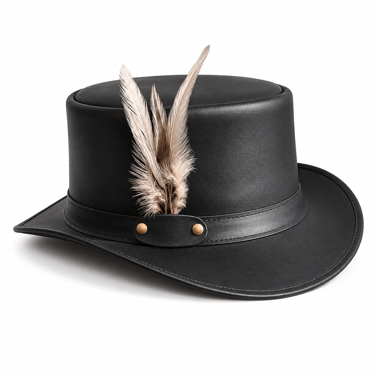 Handmade Black Leather Steampunk Top Hat with Feather Accent Gothic Festival Hat