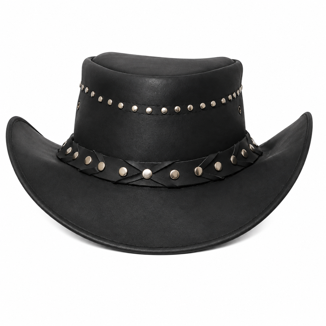 Handmade Black Leather Studded Outback Hat  Unisex Western Cowboy Style