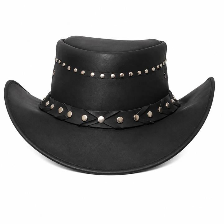 Handmade Black Leather Studded Outback Hat  Unisex Western Cowboy Style