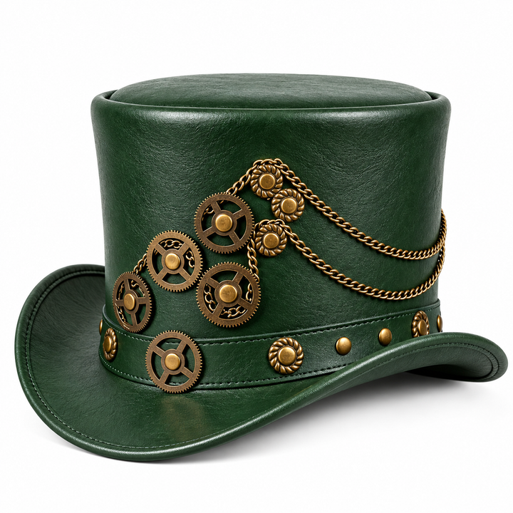 Handmade Green Leather Steampunk Top Hat Gothic Victorian Gear Hat Costume