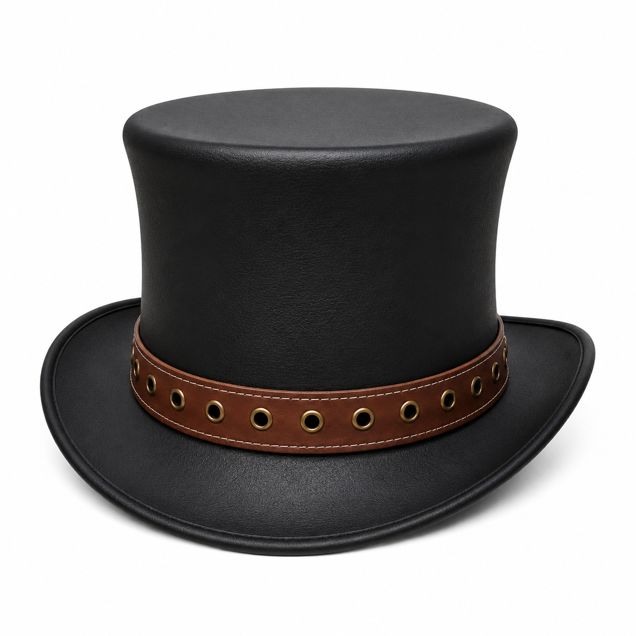 Handmade Leather Black Top Hat with Brown Grommet Band Steampunk Cosplay Gothic